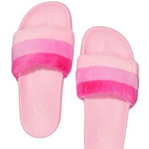 VICTORIAS SECRET STRIPED FAUX FUR SLIDES SLIPPERS  BARBIE COLORS M NWT